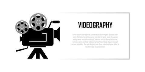 Old video camera on tripod stand, cinema camcorder sign, retro film record, vintage movie shoot, videography and cinematography banner, copy space for text