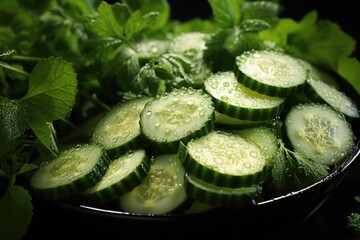 Upper view of cucumber and spinach slices, generative IA