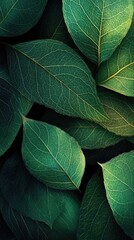 Fototapeta premium A close-up view of vibrant green leaves showcasing their intricate textures and rich colors for nature and design themes.