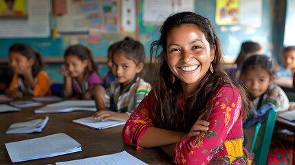Fototapeta premium The scene captures the joy of learning, with kids immersed in their work, highlighting the teacher's dedication to their success.