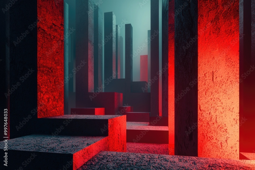 Poster a surreal landscape with towering pillars and dramatic lighting, creating a mystical atmosphere and 