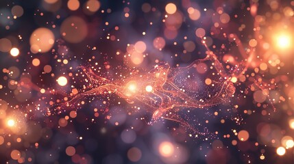 Microscopic view of glowing particles decaying into smaller fragments, symbolizing particle decay in a physics lab setting with scientific instruments and equipment in the background.