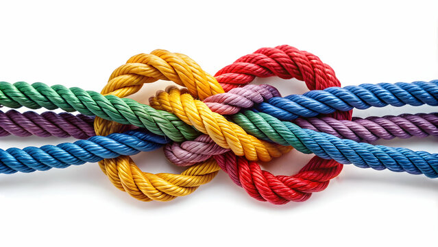 Colorful ropes tied together in a tight knot symbolizing business collaboration and networking, business