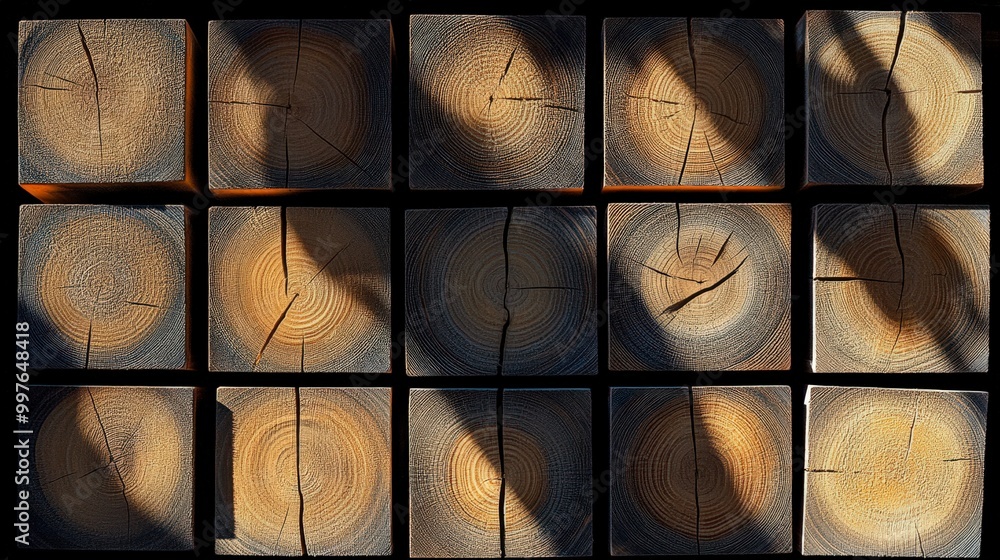 Poster shadow patterns on cut wooden blocks arranged in a neat grid