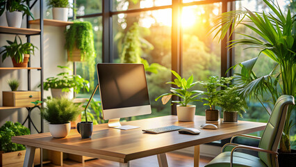 Fototapeta premium Modern office setup with computer on desk, surrounded by plants and lit by warm evening light, office, modern, computer, desk