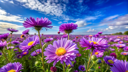Fototapeta premium Summer meadow scene with vibrant purple asters and blue skies in the backdrop , Summer, meadow, purple asters