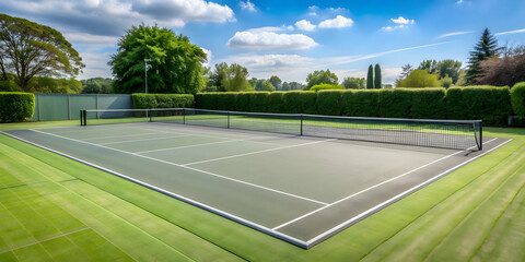 Serene summer tennis court with grey hard court surface and white lines, offering ample space for text, tennis court, summer