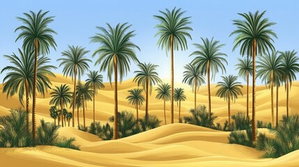 Lush palm trees in a sandy desert with clear blue sky