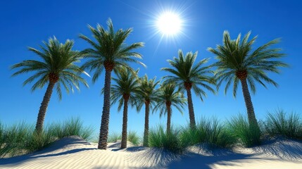 Fototapeta premium Sunlit palm trees on a sandy beach under clear blue sky
