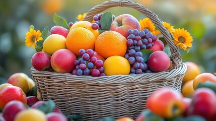 A vibrant basket filled with assorted fruits and sunflowers.