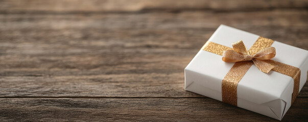 Elegant Christmas gift box with gold ribbon, placed on a rustic wooden table, showcasing festive charm and seasonal spirit.