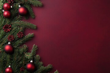 Festive Holiday Banner, vibrant fir tree branches adorned with red ornaments and garland, perfect for Christmas and New Year celebrations