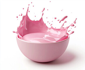 A bowl of pink milk splashing on top, white background