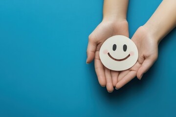 Paper cut smiley face in hands on plain blue background.