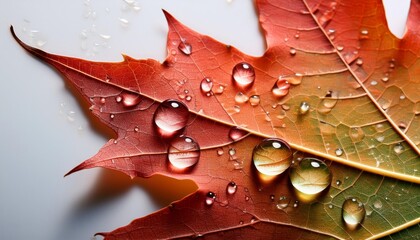 Fototapeta premium A close-up of a fresh maple leaf adorned with glistening water droplets, capturing the beauty of nature after a rain shower