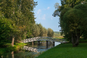 A wooden bridge over the pond 