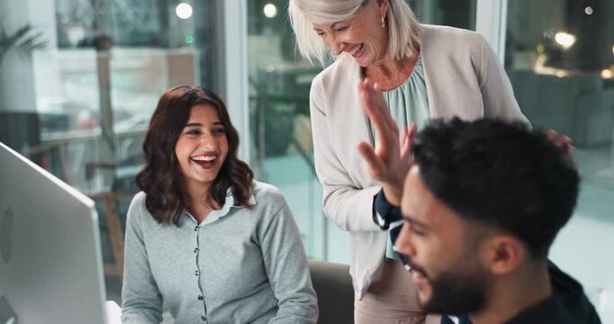 Computer, high five and business people in office for celebration, solution and problem solving with skills. Teamwork, ceo and software developers for bug fixing, system update and hands for success