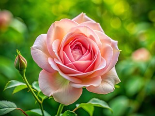 Delicate pink rose petals blossom elegantly on a vibrant green background, bathed in warm natural light, evoking a