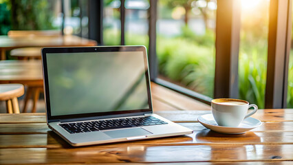 Fototapeta premium Laptop placed next to a cup of coffee on a wooden table, workspace, technology, coffee break