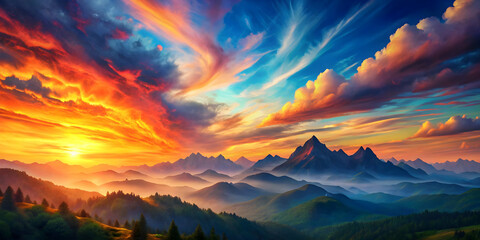 Naklejka premium Sunset painting a colorful sky over majestic mountains, sunset, mountains, landscape, nature, twilight, colorful, dusk