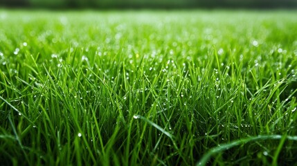 Fototapeta premium Close-up view of fresh green grass with morning dew drops