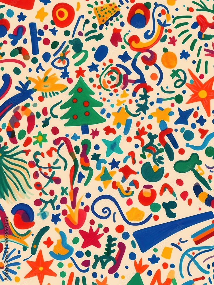 Poster the artwork showcases an intricate pattern filled with various christmas symbols, creating a vibrant