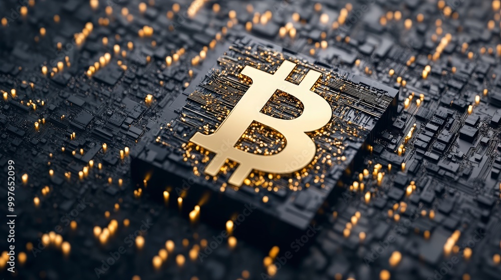 Poster futuristic digital representation of bitcoin on a technological circuit board