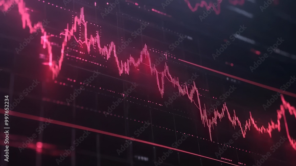 Poster fluctuating stock market graph with red line on black background