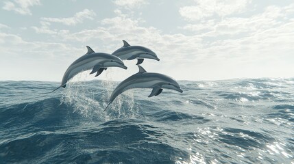Fototapeta premium Three dolphins gracefully leaping out of the ocean on a sunny day