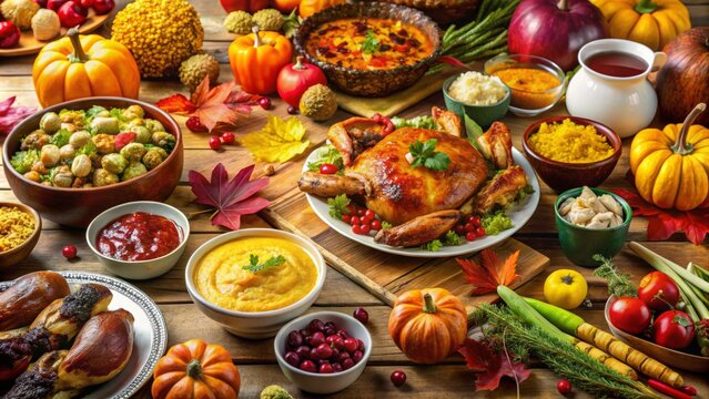 Delightful Thanksgiving potluck table adorned with vibrant autumn decorations, featuring a variety of delicious dishes
