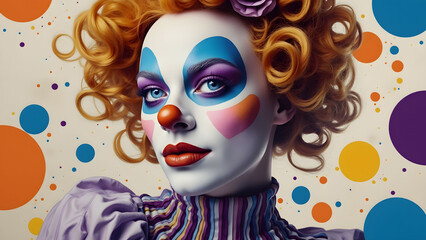 Colorful Clown Makeup with Curly Hair and Polka Dot Background