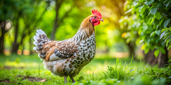 Beautiful mottled chicken of Russian breed in yard with green trees and bushes , chicken, Russian breed, Kuchinskaya-Jubileinaya