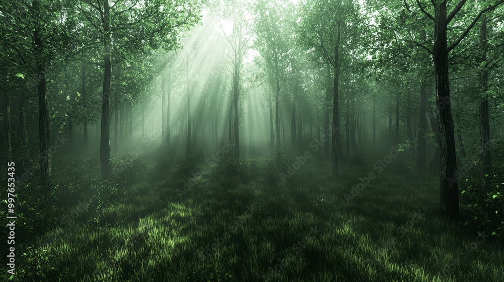 Poster sunlight filtering through dense forest creating a serene atmosphere