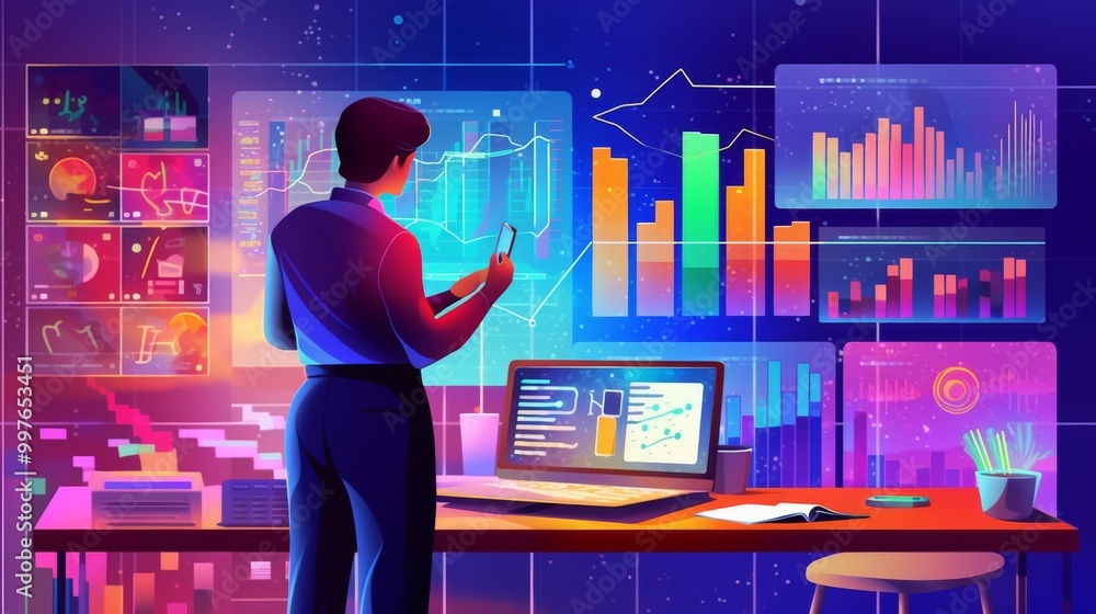 Poster a man is standing in front of a computer monitor with a cell phone in his hand