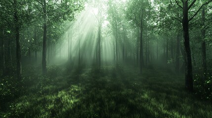 Obraz premium Sunlight filtering through dense forest creating a serene atmosphere