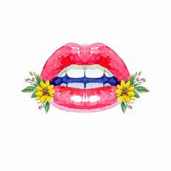 Obraz premium Illustration of art mouth with cute flowers on white background. 