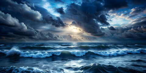 Fototapeta premium Dark stormy sea with waves under a night sky , ocean, storm, waves, weather, sky, dark, dramatic, moody, high resolution, nature