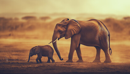 Elephant Mother and Calf Walking Through Arid Sunlit Landscape Powerful Wildlife Survival Amid Climate Change Capturing the Strength Bond and Resilience of Life in a Harsh Environment