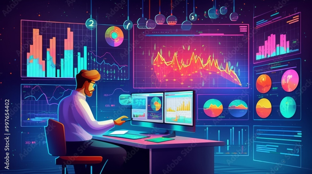 Aufkleber a man is sitting at a desk with two computer monitors in front of him