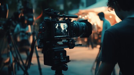 Professional video production setup with cameras, lighting, and sound equipment in a modern studio environment. Perfect for media creation, filmmaking, and content development,