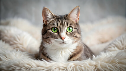 Adorable grey and white tabby cat with big green eyes lying on a fluffy blanket , cute, kitten, feline, pet, animal, domestic