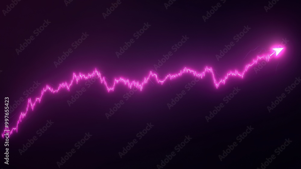 Poster glowing purple line graph with upward arrow on dark background