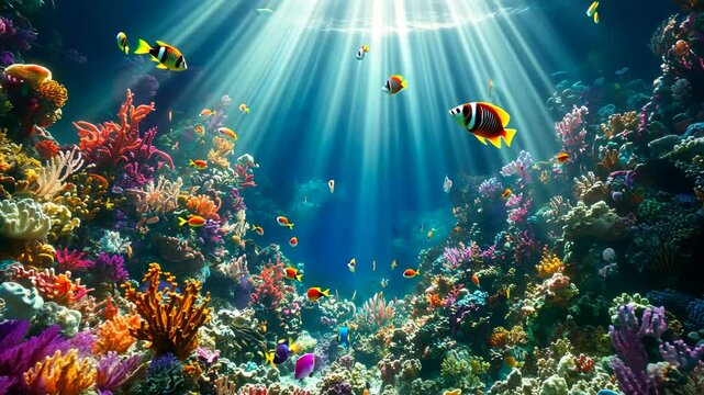 Colorful fish swim through a vibrant coral reef bathed in sunlight