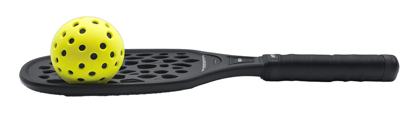 Consisting of Pickleball Gear. Detail of a Single Neon Yellow Ball, Side of a Black Paddle and Full Gear Set.. Isolated on a Transparent Background. Cutout PNG.