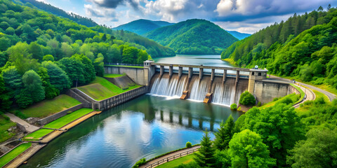 Fototapeta premium Hydroelectric dam surrounded by lush greenery in a peaceful setting, hydroelectric, dam, greenery, trees