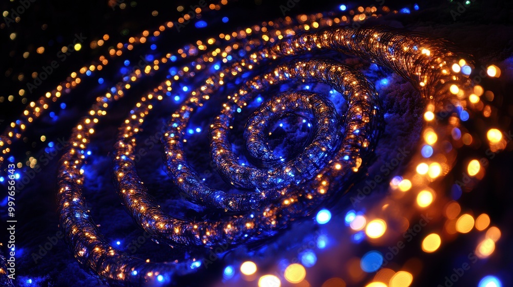 Poster Bright Christmas lights are beautifully arranged in spiral shapes, creating a dazzling and dynamic display that captivates viewers. Generative AI