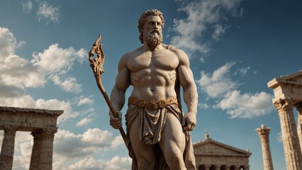 A majestic Greek statue of Zeus, standing tall with a thunderbolt in hand, draped in flowing robes, exuding power and authority.