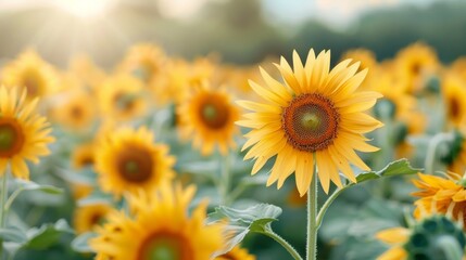 Obraz premium Vibrant sunflower in a field, bathed in warm sunlight, against a soft blurred background.