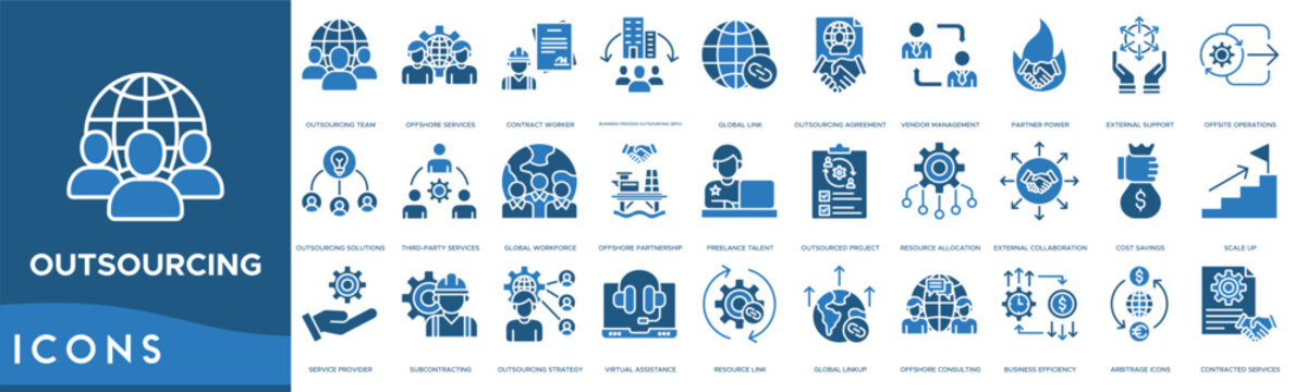 Outsourcing icon. Outsourcing Team, Offshore Services, Contract Worker, Business Process Outsourcing and Global Link