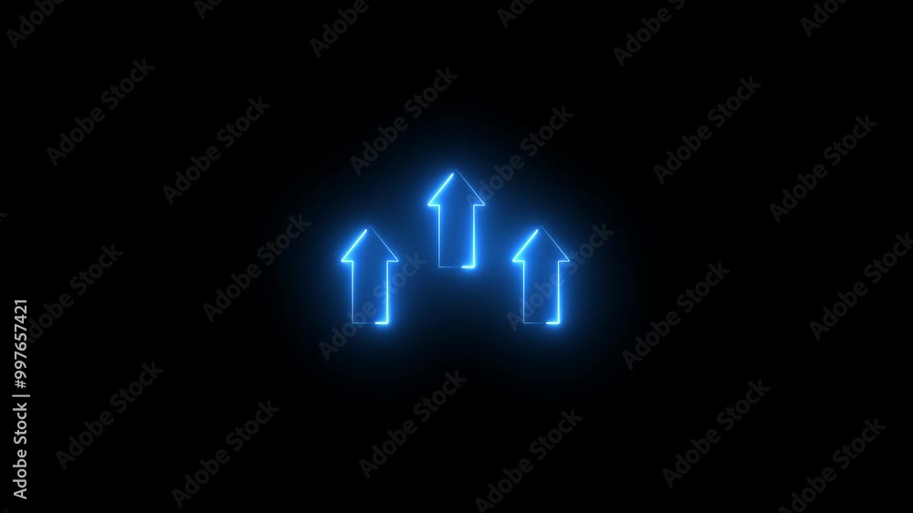 Poster glowing neon line up arrow icon animation on background